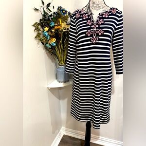 Talbots Petite Striped Dress with Embroidered Neckline - Size MP